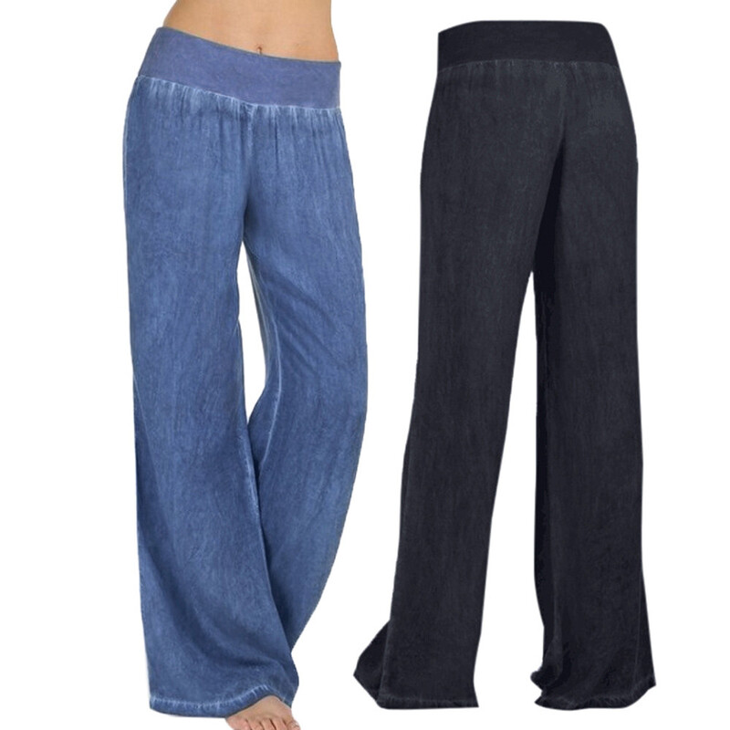 S-5XL Mugavad lahtised laia sääre imitatsiooniga teksapüksid naiste teksad imitatsiooniga elastne vöökoht täispikk püksid püksid