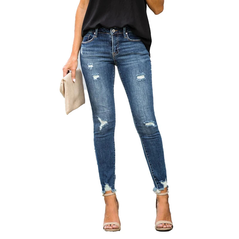 2024. gada jauni mazgāti, saplēsti džinsi, sieviešu kokvilnas džinsa zīmuļu bikses, slaidas, elastīgas