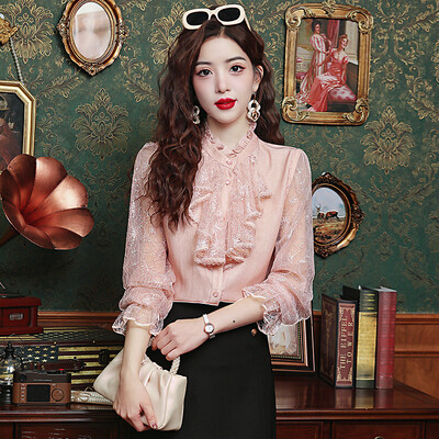 2024. aasta sügise elegantne pikkade varrukatega pitspluus, armas lapiline satiin volangidega kraega särk, mood naiste topid