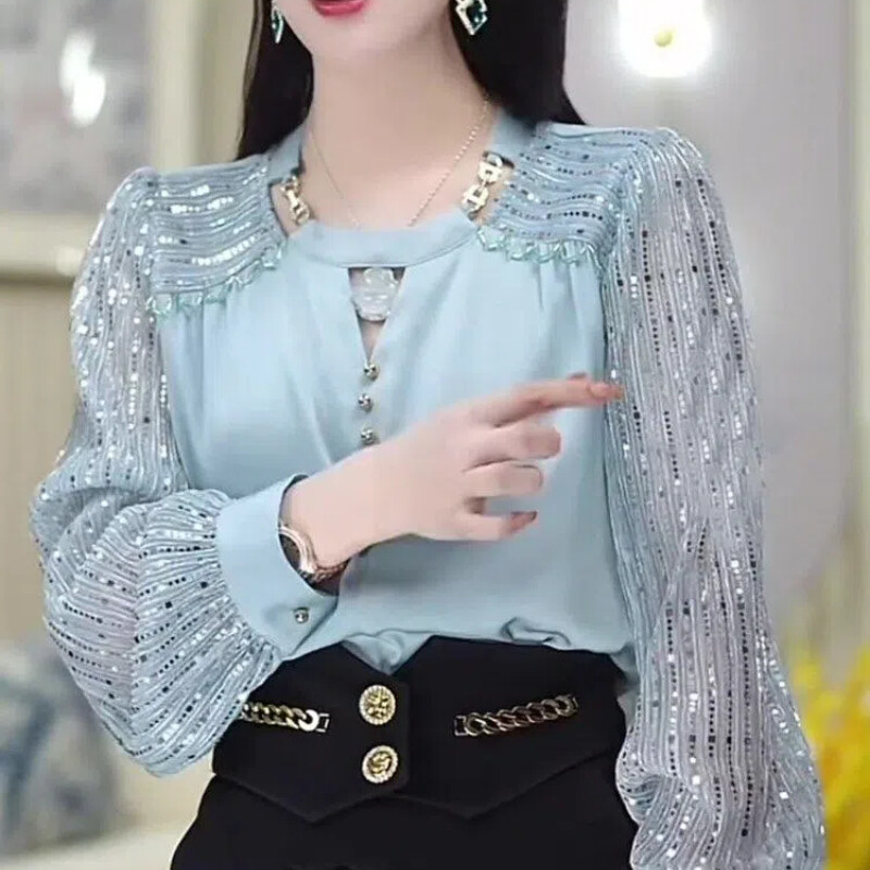 Sügis-talv Uus moodne ümarkaelus, pikkade varrukatega, põhjaga särk Prantsuse stiilis naisterõivad, litritega, stiilne top