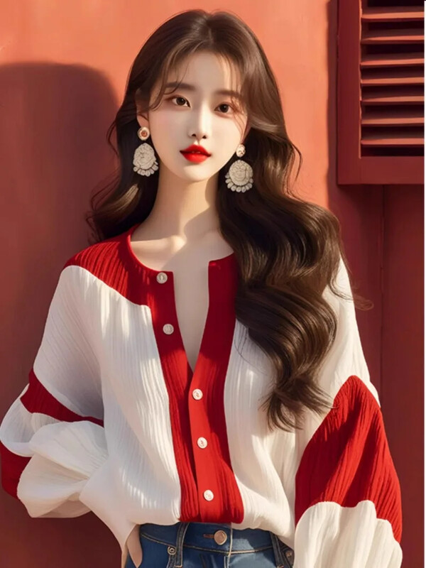 Шифонени ретро дамски ризи Пролет/лято Нови пачуърк дамски ризи Свободни топове с дълги ръкави Модни корейски разпродажби на дрехи