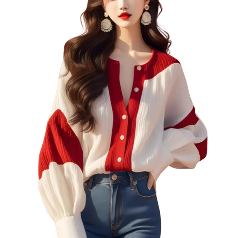 Шифонени ретро дамски ризи Пролет/лято Нови пачуърк дамски ризи Свободни топове с дълги ръкави Модни корейски разпродажби на дрехи