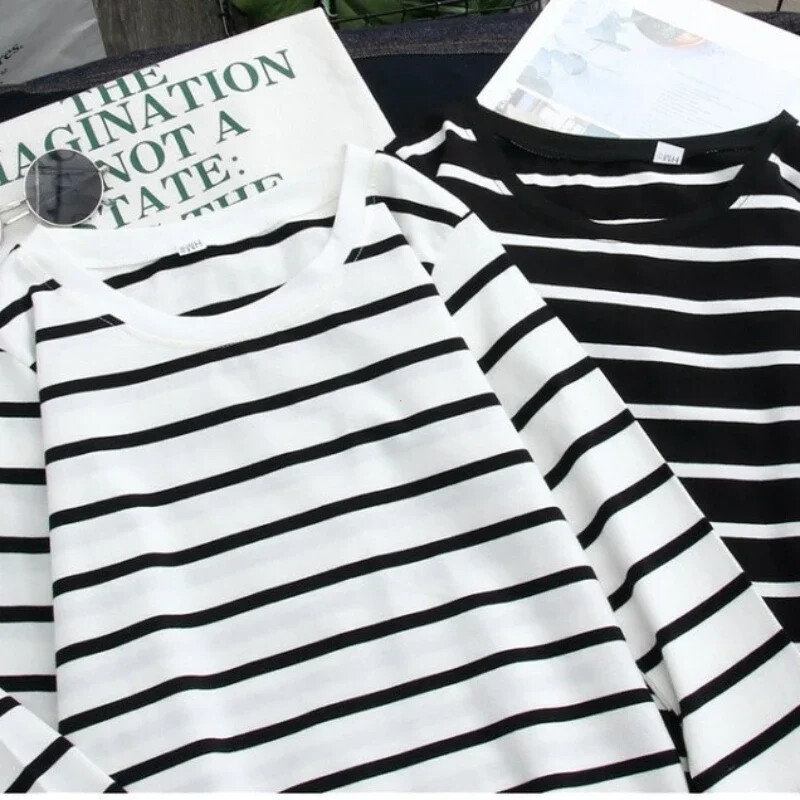 Sieviešu brīva apaļa apkakle, rudens svītras, apdruka ar vaļīgām garām piedurknēm ikdienas vienkāršs, savvaļas T-krekls