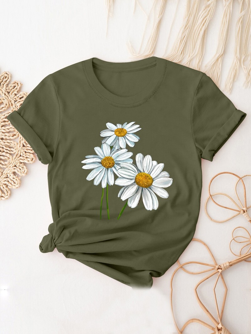 Jauks T-krekls ar margrietiņas apdruku, ikdienas tops ar īsām piedurknēm ar apkakli, sieviešu apģērbs