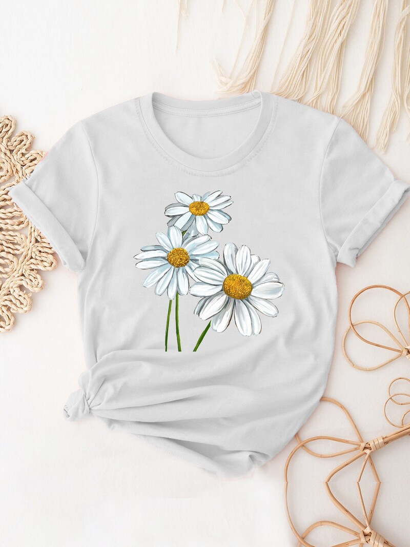 Jauks T-krekls ar margrietiņas apdruku, ikdienas tops ar īsām piedurknēm ar apkakli, sieviešu apģērbs