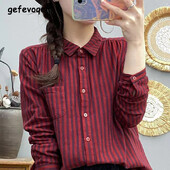 Sieviešu apģērbi Vintage svītrainām pogām uz augšu krekli Pavasaris rudens Vienkāršs ikdienas atloks Blūzes Kokvilnas garām piedurknēm brīvi topi