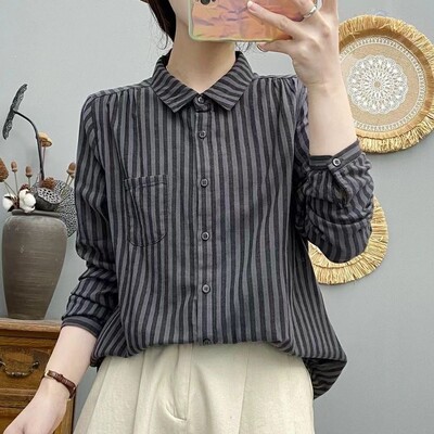 Sieviešu apģērbi Vintage svītrainām pogām uz augšu krekli Pavasaris rudens Vienkāršs ikdienas atloks Blūzes Kokvilnas garām piedurknēm brīvi topi