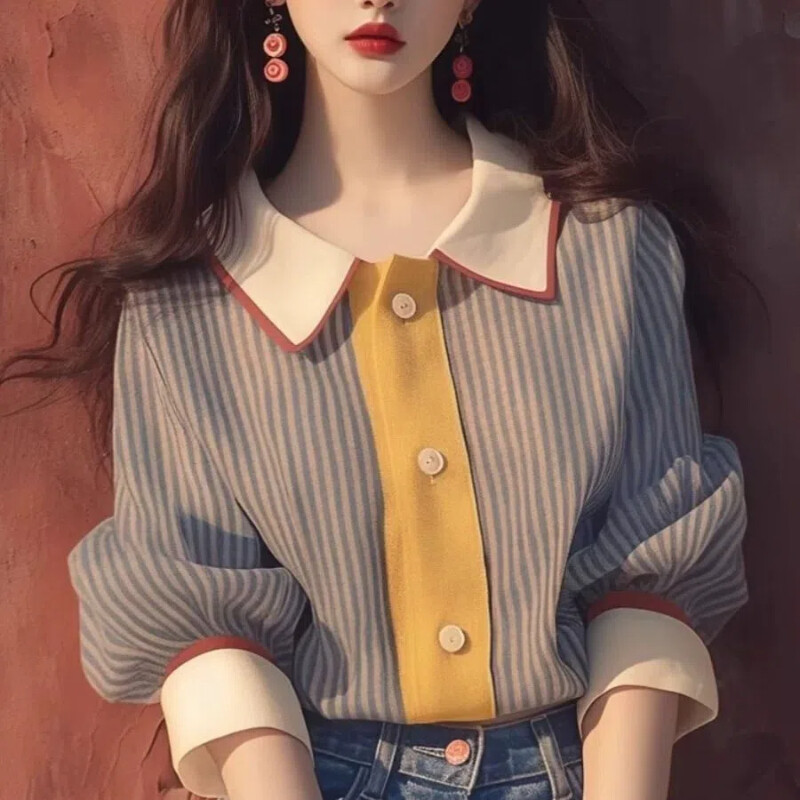 Темпераментна раирана контрастна блуза с поло деколте с дълъг ръкав, пачуърк, трендови ризи, горнища, пролет, есен, модни елегантни дамски дрехи