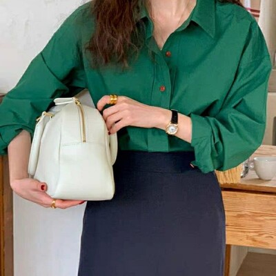 Pavasara rudens jauna stila atloks ar garām piedurknēm blūzes sieviešu apģērbi Rietumu stila vienkrāsains Vienkāršs Baidu pogas korejiešu krekli