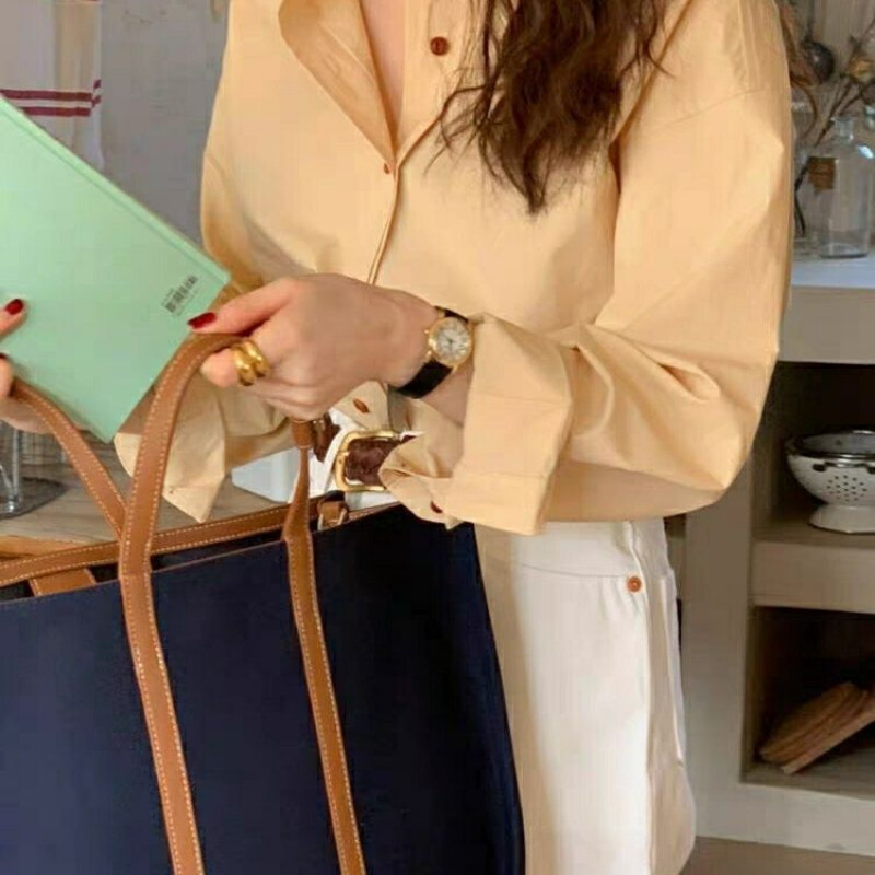 Pavasara rudens jauna stila atloks ar garām piedurknēm blūzes sieviešu apģērbi Rietumu stila vienkrāsains Vienkāršs Baidu pogas korejiešu krekli