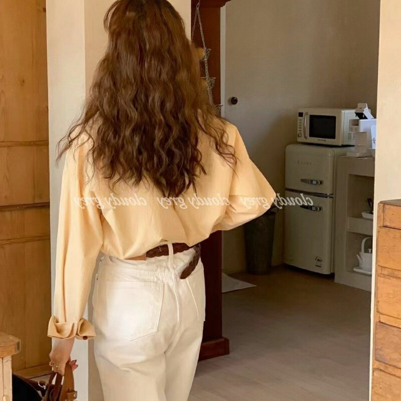 Pavasara rudens jauna stila atloks ar garām piedurknēm blūzes sieviešu apģērbi Rietumu stila vienkrāsains Vienkāršs Baidu pogas korejiešu krekli