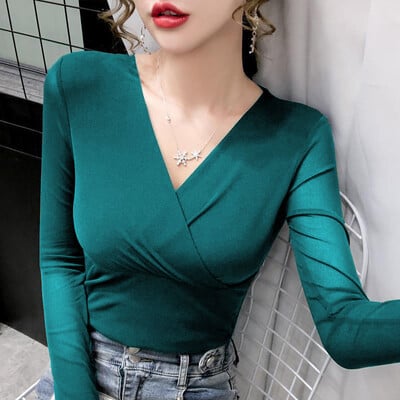 New Fashion Slim Stretch Gât în V Topuri femei Sexy Elastic Tricou S-4XL Basic Tricou cu mânecă lungă Doamnelor Roșu Violet Negru Alb Cămașă