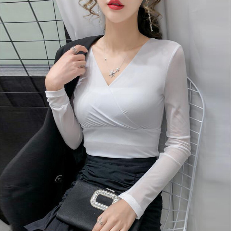 New Fashion Slim Stretch V kaelusega topid Naiste seksikad elastsed särgid S-4XL Basic pikkade varrukatega T-särk Naiste punane lilla must valge särk