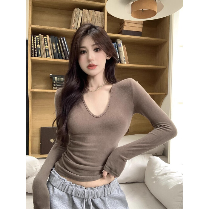 Γυναικεία T-shirt Μασίφ θερμικά εσώρουχα μακρυμάνικα casual φθινόπωρο Χειμώνας U λαιμόκοψη Σέξι λεπτό λεπτό βελούδινο μπλουζάκι με ίνες