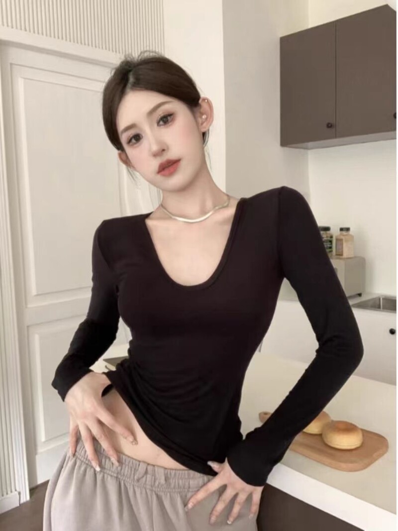 Γυναικεία T-shirt Μασίφ θερμικά εσώρουχα μακρυμάνικα casual φθινόπωρο Χειμώνας U λαιμόκοψη Σέξι λεπτό λεπτό βελούδινο μπλουζάκι με ίνες