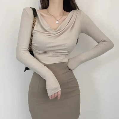 T-krekli, 2023. gada rudens elastīgie apgrieztie topi Sieviešu T krekls Kokvilnas Sieviešu apģērbi Plāns T-krekls ar garām piedurknēm Femme Camisetas De Mujer