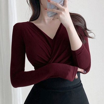 Pavasara rudens korejiešu stila sieviešu apģērbi Sexy Slim White T krekls sievietēm ar garām piedurknēm Tkrekli Mujer V kakla topi Sieviešu T-krekli