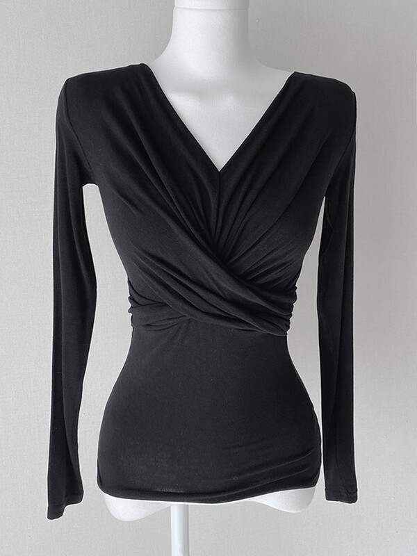 Pavasara rudens korejiešu stila sieviešu apģērbi Sexy Slim White T krekls sievietēm ar garām piedurknēm Tkrekli Mujer V kakla topi Sieviešu T-krekli