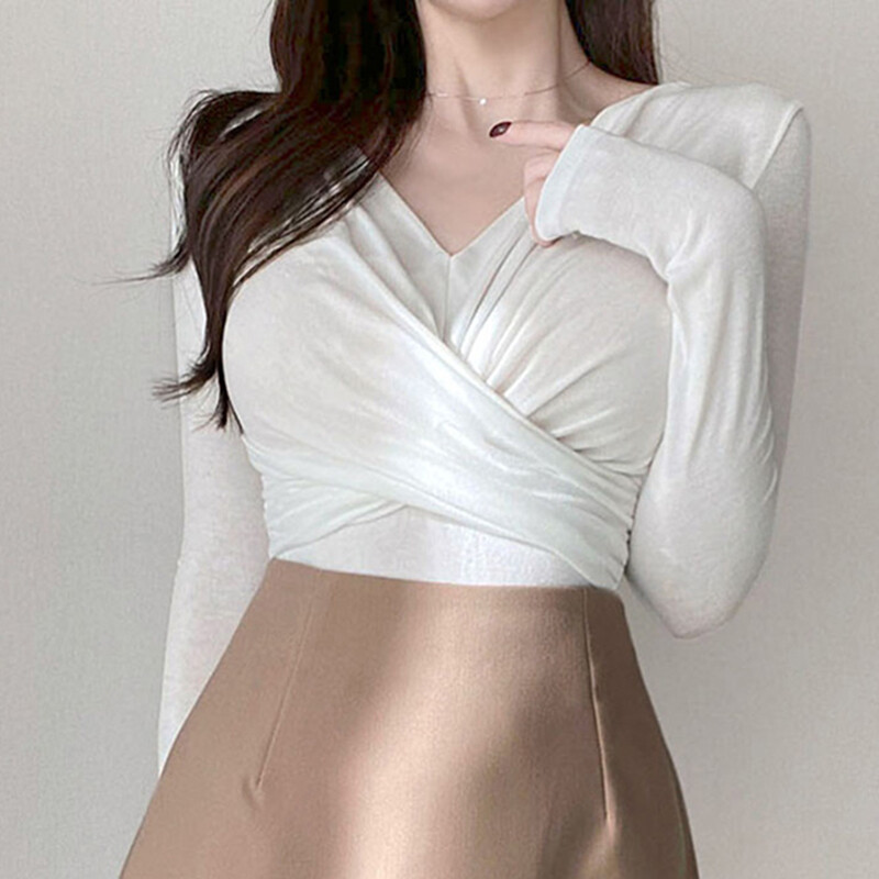 Pavasara rudens korejiešu stila sieviešu apģērbi Sexy Slim White T krekls sievietēm ar garām piedurknēm Tkrekli Mujer V kakla topi Sieviešu T-krekli