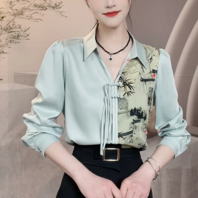 Pavasara rudens jauns ķīniešu stila satīna krekls ar apdruku ar garām piedurknēm blūzes sieviešu apģērbi ar kapuci sprādze Modes izskats šiki krekli