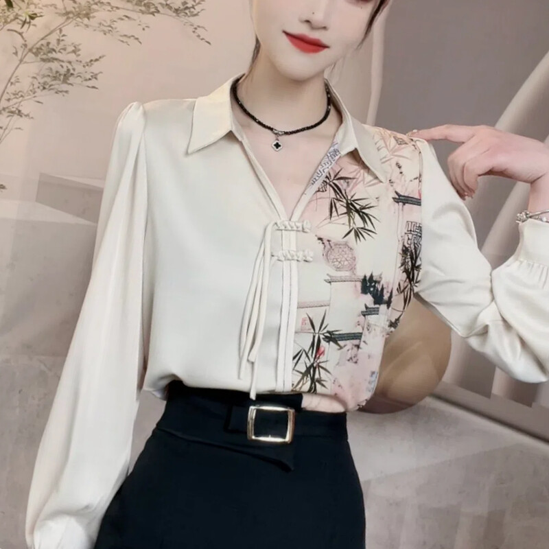 Pavasara rudens jauns ķīniešu stila satīna krekls ar apdruku ar garām piedurknēm blūzes sieviešu apģērbi ar kapuci sprādze Modes izskats šiki krekli