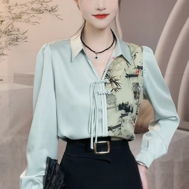 Pavasara rudens jauns ķīniešu stila satīna krekls ar apdruku ar garām piedurknēm blūzes sieviešu apģērbi ar kapuci sprādze Modes izskats šiki krekli