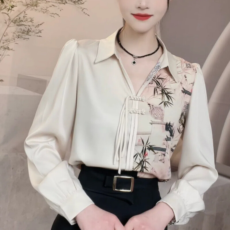 Pavasara rudens jauns ķīniešu stila satīna krekls ar apdruku ar garām piedurknēm blūzes sieviešu apģērbi ar kapuci sprādze Modes izskats šiki krekli
