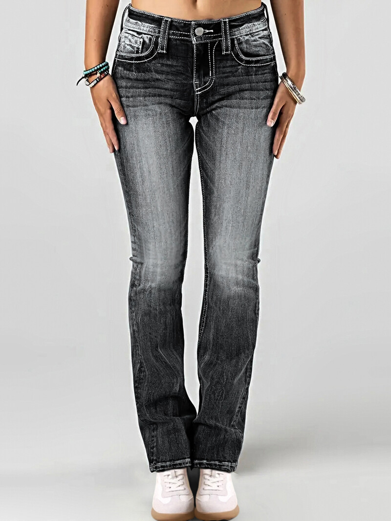 Дънки Y2K Ежедневни тесни еластични дънки с ниска талия Бродирани ретро джобове Дамски дънкови панталони с микро разкроени дънки с еластична талия