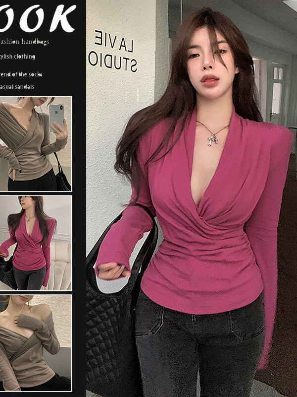 Risti V-kaelusega plisseeritud alumine T-särk naiste kevade jaoks, uus saleda kehaehitusega ja salendav temperamendiga pikkade varrukatega särk naiste top 339Q