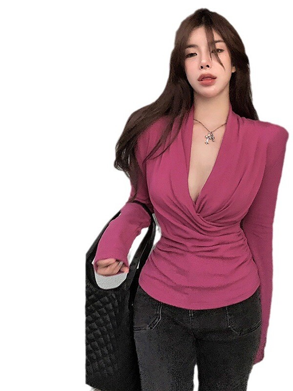 Risti V-kaelusega plisseeritud alumine T-särk naiste kevade jaoks, uus saleda kehaehitusega ja salendav temperamendiga pikkade varrukatega särk naiste top 339Q