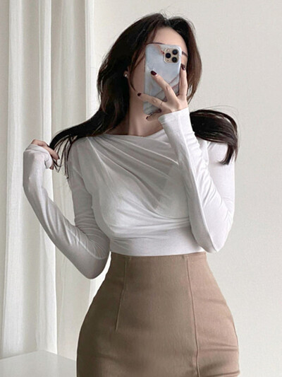 Sieviešu T krekls Pamata kokvilnas t-krekls ar garām piedurknēm Elastīgs korejiešu stila blusa mujer Sexy Thin Solid T-krekls sieviešu tops