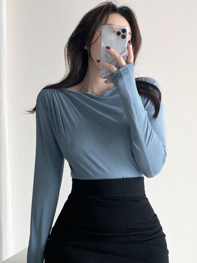 Sieviešu T krekls Pamata kokvilnas t-krekls ar garām piedurknēm Elastīgs korejiešu stila blusa mujer Sexy Thin Solid T-krekls sieviešu tops