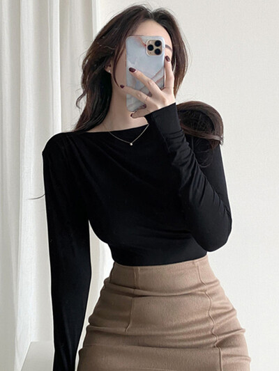 Sieviešu T krekls Pamata kokvilnas t-krekls ar garām piedurknēm Elastīgs korejiešu stila blusa mujer Sexy Thin Solid T-krekls sieviešu tops