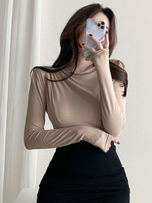 Sieviešu T krekls Pamata kokvilnas t-krekls ar garām piedurknēm Elastīgs korejiešu stila blusa mujer Sexy Thin Solid T-krekls sieviešu tops