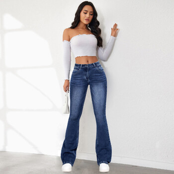 Дамски дънки Slim Fit Flare Pants Denim Washing Pocks Висока талия Плътни ботуши с дължина до глезена Streetwear Ежедневни ципове Fly