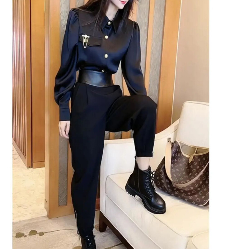 High Street Black Täiesti sobiv särk Topid Pikkade varrukatega Polo Kaelus Soliidne Mood Pluus Kevad-Sügis Uus Vintage kontori naiste riided