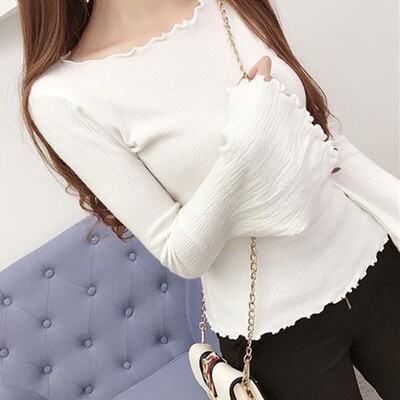 2023. gada jaunais pavasara un rudens modes Vienkāršs, elastīgs, cieši pieguļošs koka auss malas vienas līnijas kakla izgriezuma piedurkņu trikotāžas apakškrekls