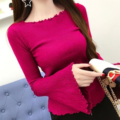 2023. gada jaunais pavasara un rudens modes Vienkāršs, elastīgs, cieši pieguļošs koka auss malas vienas līnijas kakla izgriezuma piedurkņu trikotāžas apakškrekls