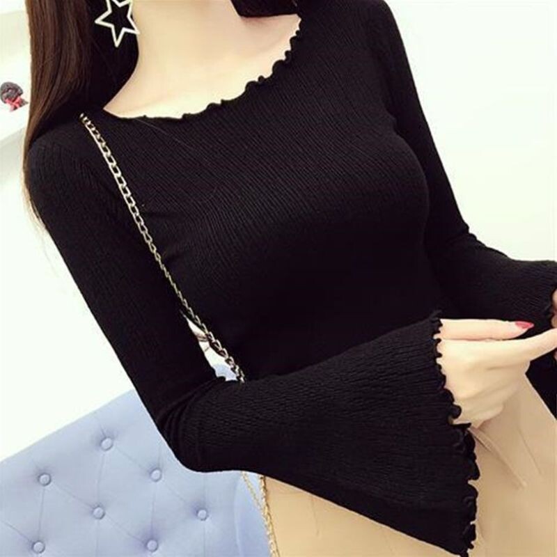 2023. gada jaunais pavasara un rudens modes Vienkāršs, elastīgs, cieši pieguļošs koka auss malas vienas līnijas kakla izgriezuma piedurkņu trikotāžas apakškrekls
