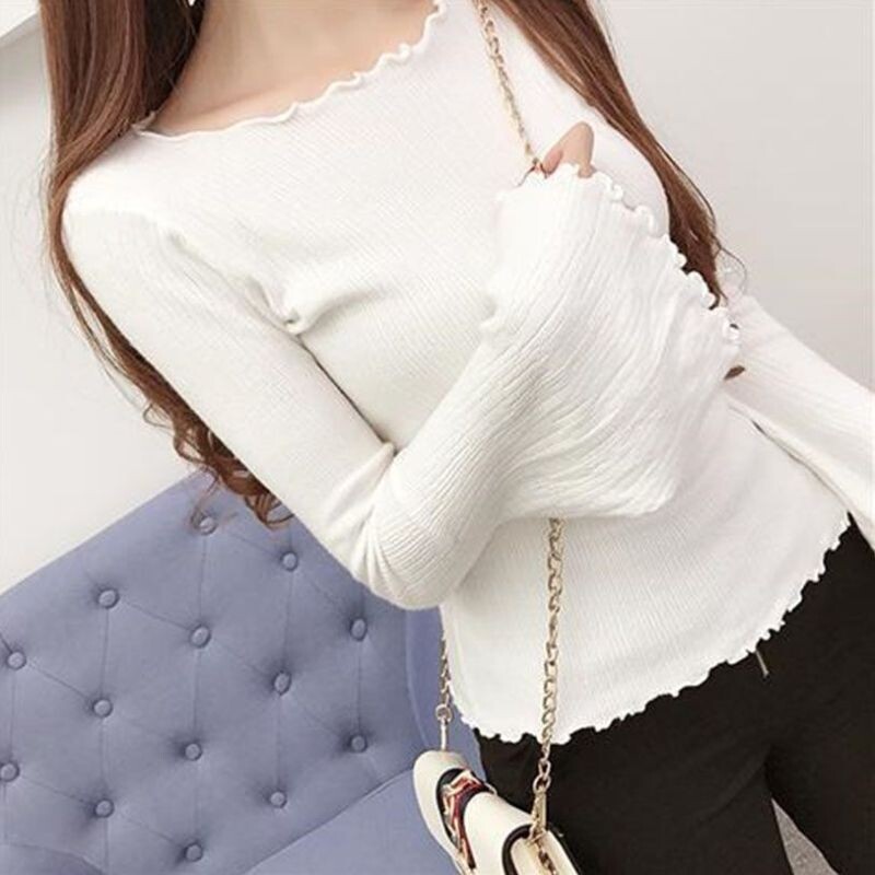 2023. gada jaunais pavasara un rudens modes Vienkāršs, elastīgs, cieši pieguļošs koka auss malas vienas līnijas kakla izgriezuma piedurkņu trikotāžas apakškrekls