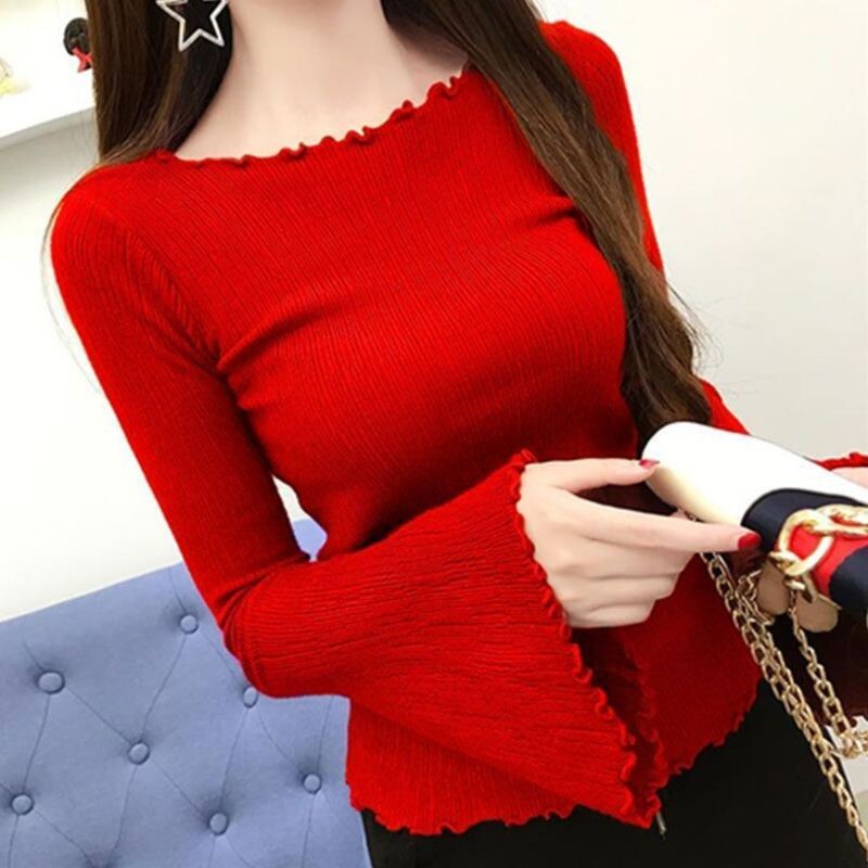 2023. gada jaunais pavasara un rudens modes Vienkāršs, elastīgs, cieši pieguļošs koka auss malas vienas līnijas kakla izgriezuma piedurkņu trikotāžas apakškrekls