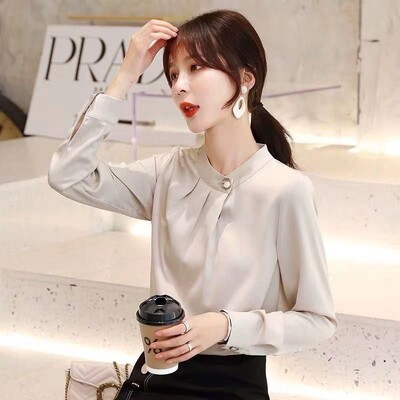 Дамско облекло Модна семпла шифонена блуза Пролет Есен Нова плътна широка офис риза с дълъг ръкав Елегантен темперамент