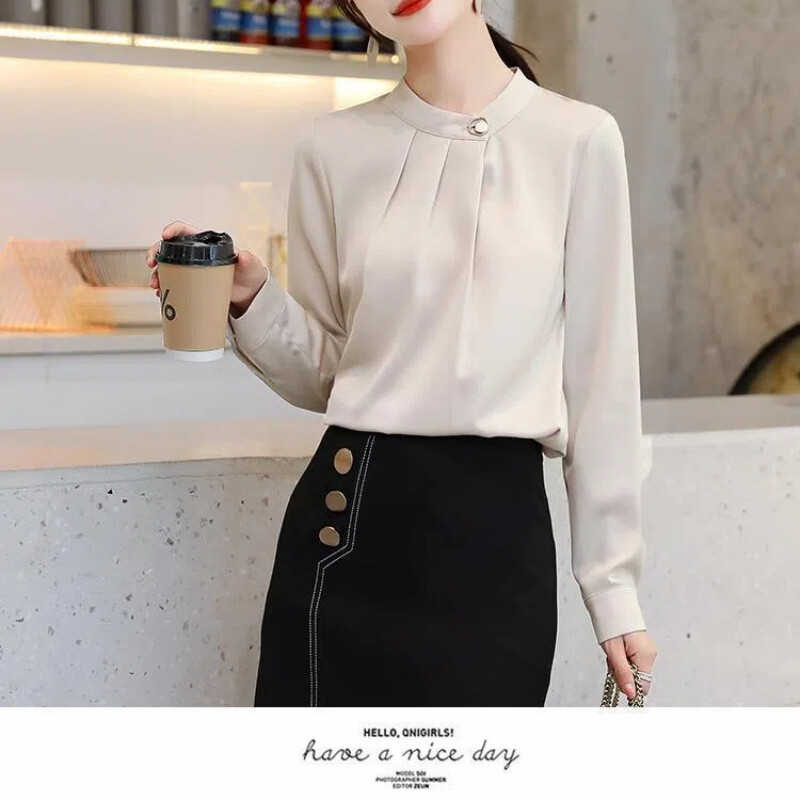 Дамско облекло Модна семпла шифонена блуза Пролет Есен Нова плътна широка офис риза с дълъг ръкав Елегантен темперамент