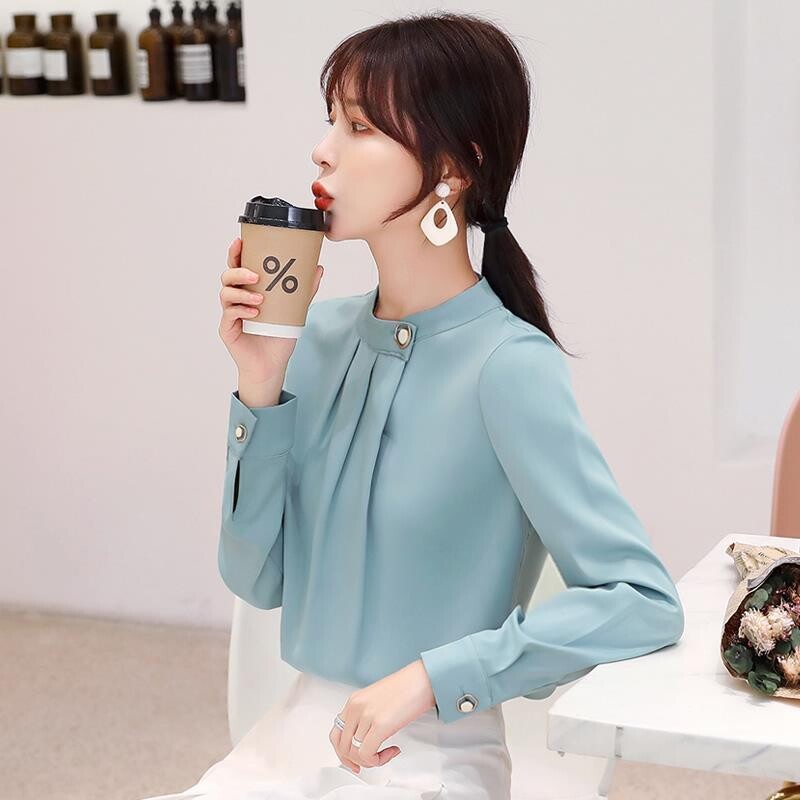 Дамско облекло Модна семпла шифонена блуза Пролет Есен Нова плътна широка офис риза с дълъг ръкав Елегантен темперамент