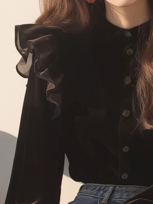 Melna samta blūze sievietēm ar volāniem garām piedurknēm temperamenta topi 2024. gada Blusas Mujer De Moda korejiešu vintage krekli uz kakla