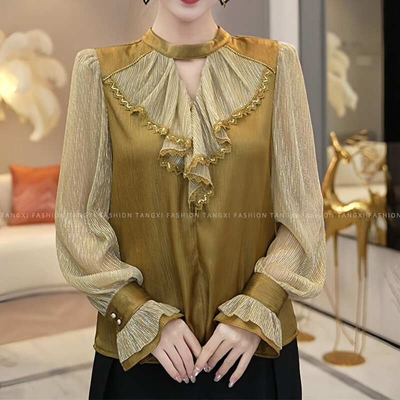 Naised prantsuse stiil Stiilne volangid pitsist lapiga särk Office Lady Vintage elegantne luksuslik õõnes pluus pikkade varrukatega avarad topid