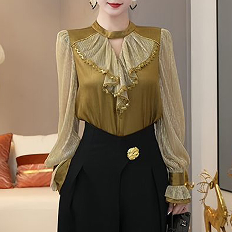 Naised prantsuse stiil Stiilne volangid pitsist lapiga särk Office Lady Vintage elegantne luksuslik õõnes pluus pikkade varrukatega avarad topid