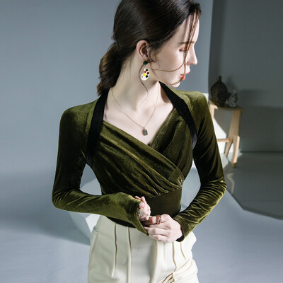 Velūrs sieviešu krekls ar pilnām piedurknēm Vintage ar krustu šķērsām V kakla izgriezumu T-krekli.