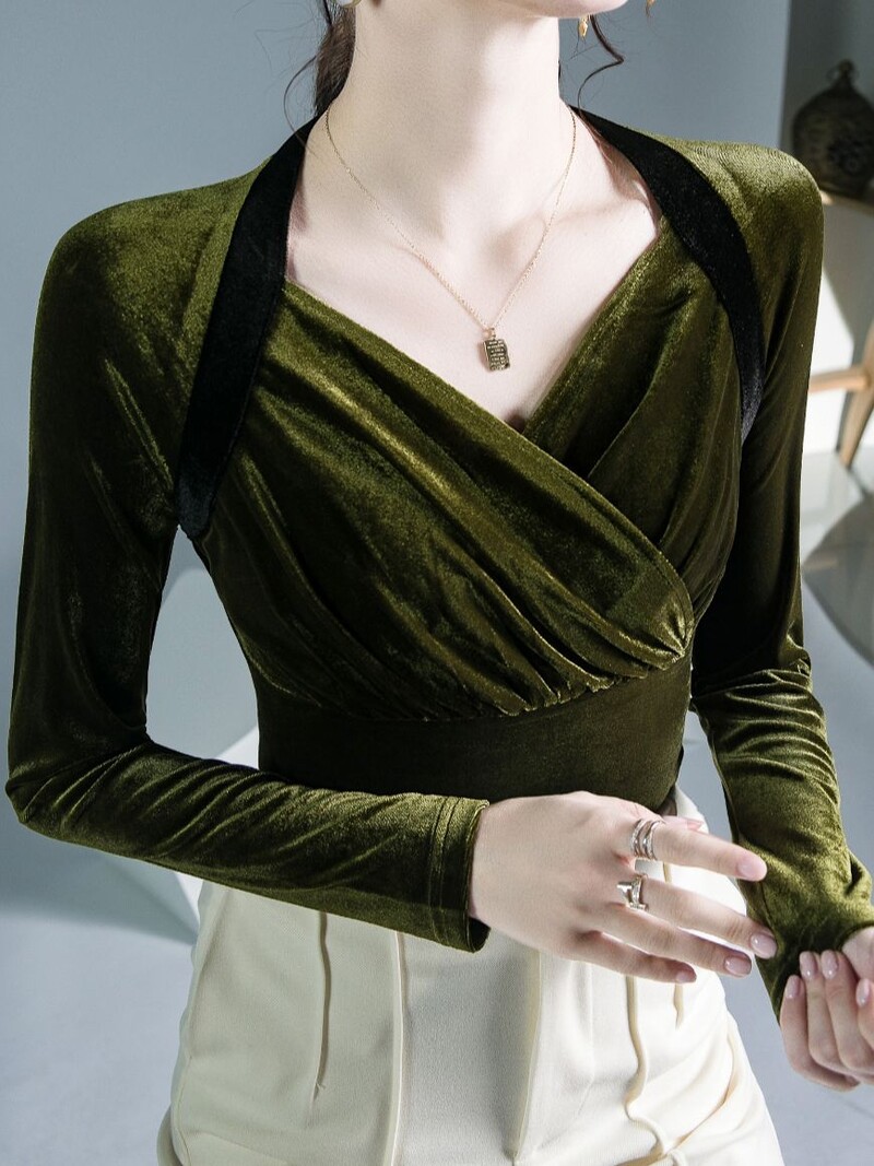 Velūrs sieviešu krekls ar pilnām piedurknēm Vintage ar krustu šķērsām V kakla izgriezumu T-krekli.