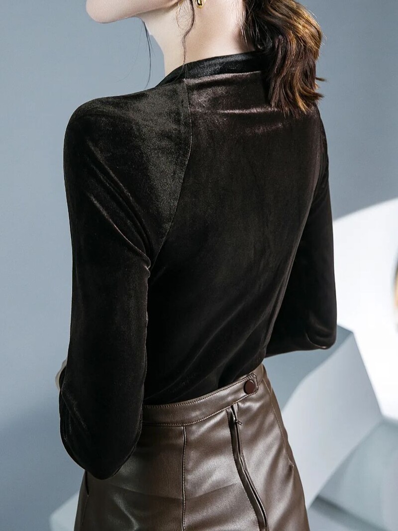 Velūrs sieviešu krekls ar pilnām piedurknēm Vintage ar krustu šķērsām V kakla izgriezumu T-krekli.